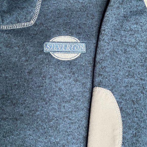 Renegade Club Men’s Sweater Fleece Pullover Small Blue w/ Gray Patches Half Zip - Picture 5 of 8